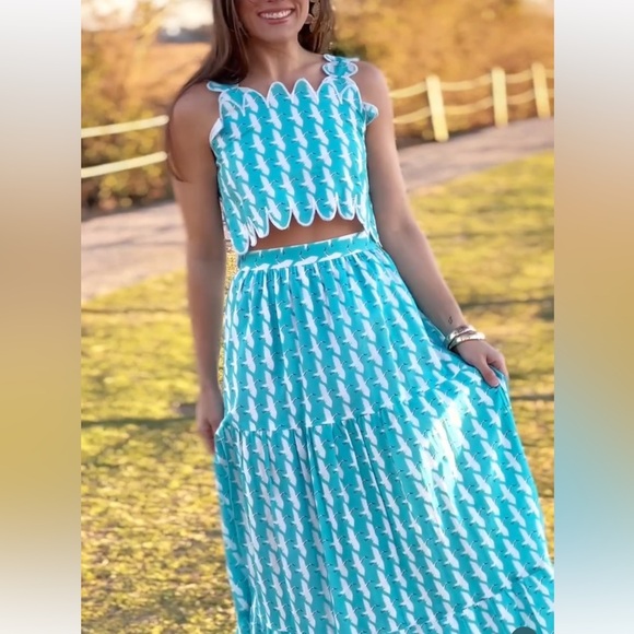 Victoria Dunn Lupine Scalloped Cotton Crane Print Top Skirt Set Sz XS RARE - Picture 5 of 15